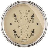 Traditional incandescent lighting illuminates around the perimeter of the dial